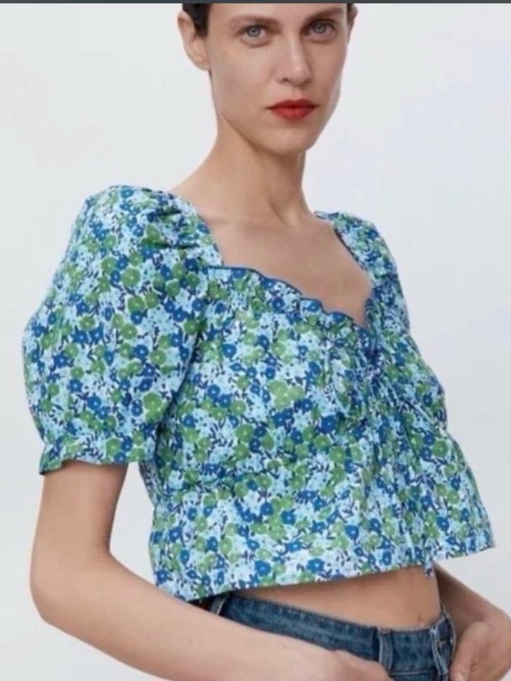Zara Blue & Green Floral Puff-Sleeve Crop Top